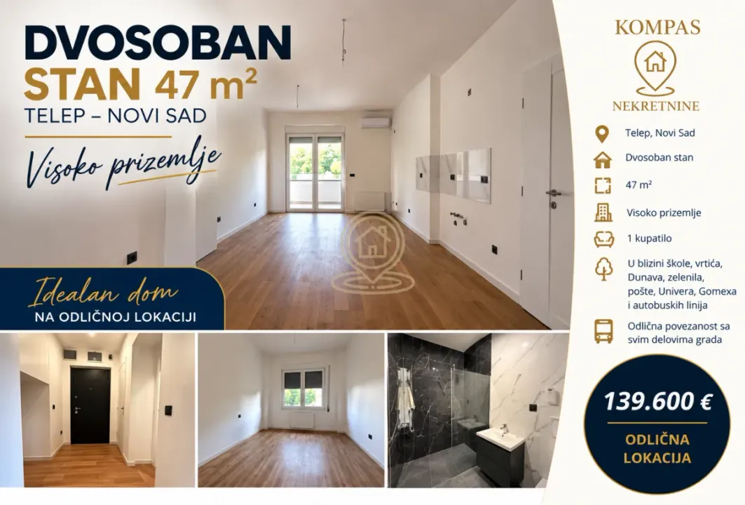 Sale, two bedroom apartment, 47m², Telep, Novi Sad Sve Podlokacije
