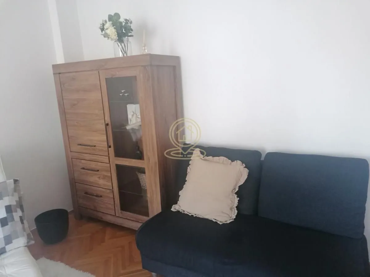 Manji deo dnevnog boravka sa kaučem i drvenom vitrinom.