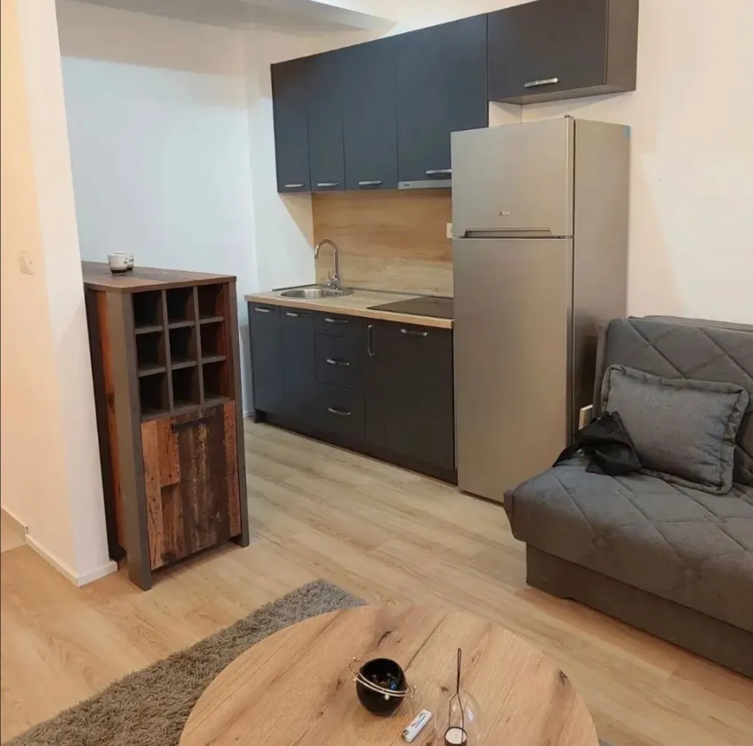 Manja kuhinja povezana sa dnevnim boravkom, opremljena tamnim elementima i frižiderom.