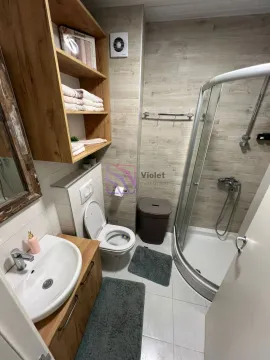 Kupatilo opremljeno tuš kabinom, umivaonikom, toaletom i drvenim elementima. - image 14