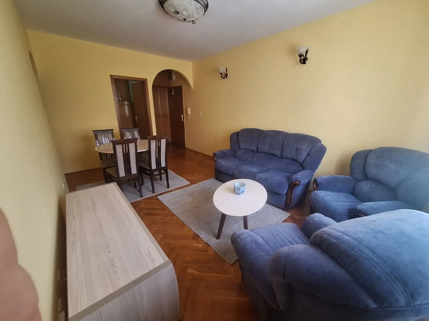 Prostrana dnevna soba sa garniturom za sjedenje i trpezarijskim dijelom.