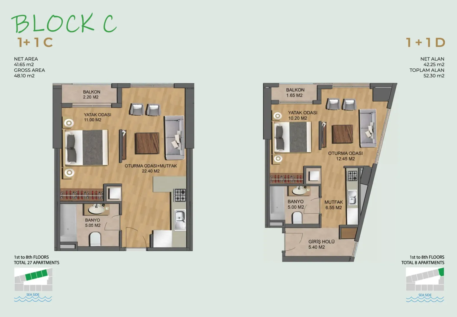 Floor plan of two apartments showing room layouts and square footage.