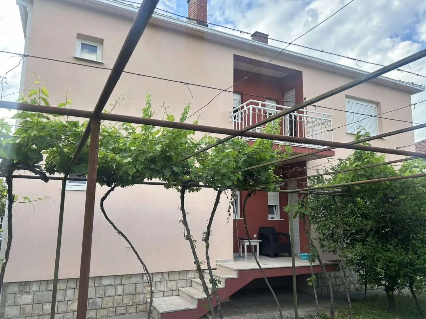 Exterior of a two-story house with a yard and grapevines.