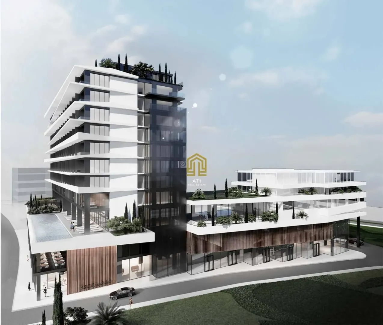 Render nove moderne stambene zgrade sa uređenom okolinom.
