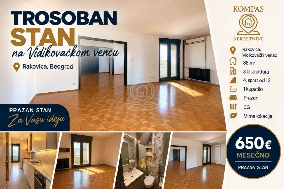 Rent, three bedroom apartment, 88m², Vidikovački venac, Rakovica