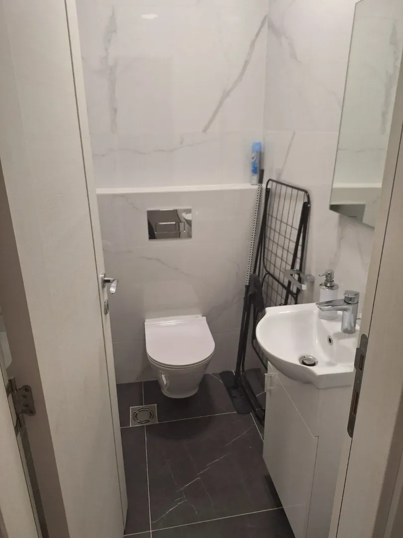 Malo moderno kupatilo sa WC šoljom i umivaonikom.