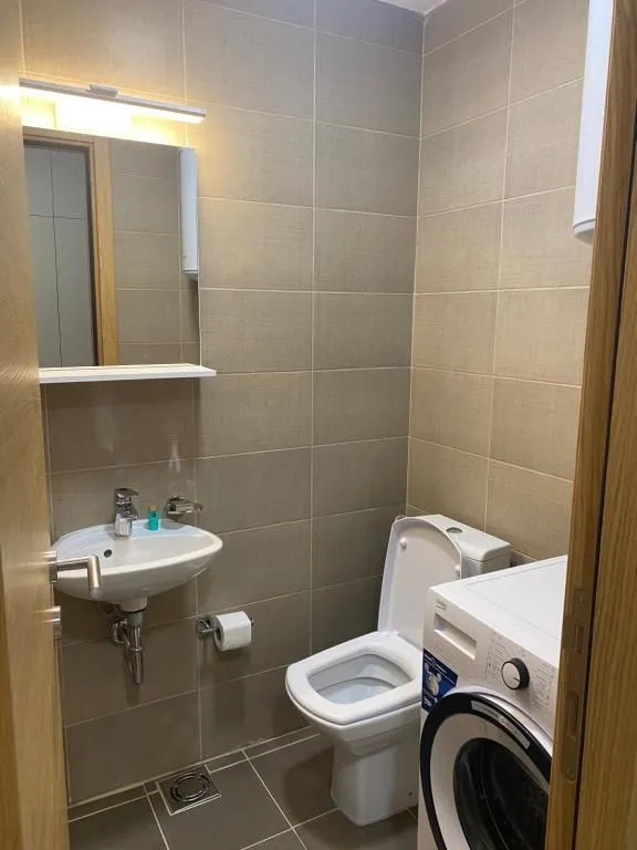 Manje kupatilo sa umivaonikom, toaletom i veš mašinom obloženo keramičkim pločicama.