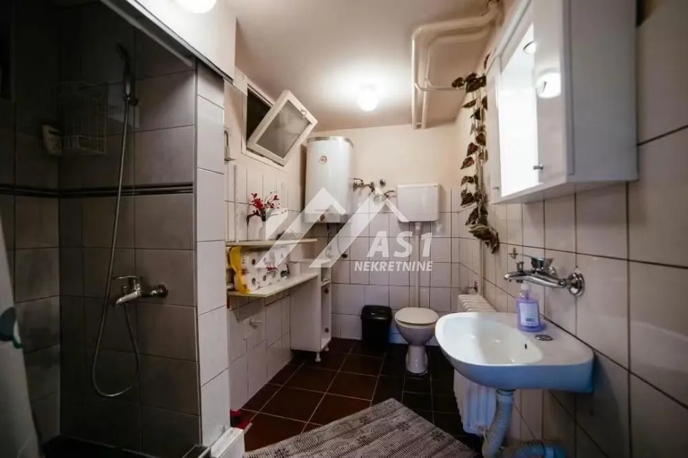 Smaller bathroom with a shower cabin, washbasin, and toilet.