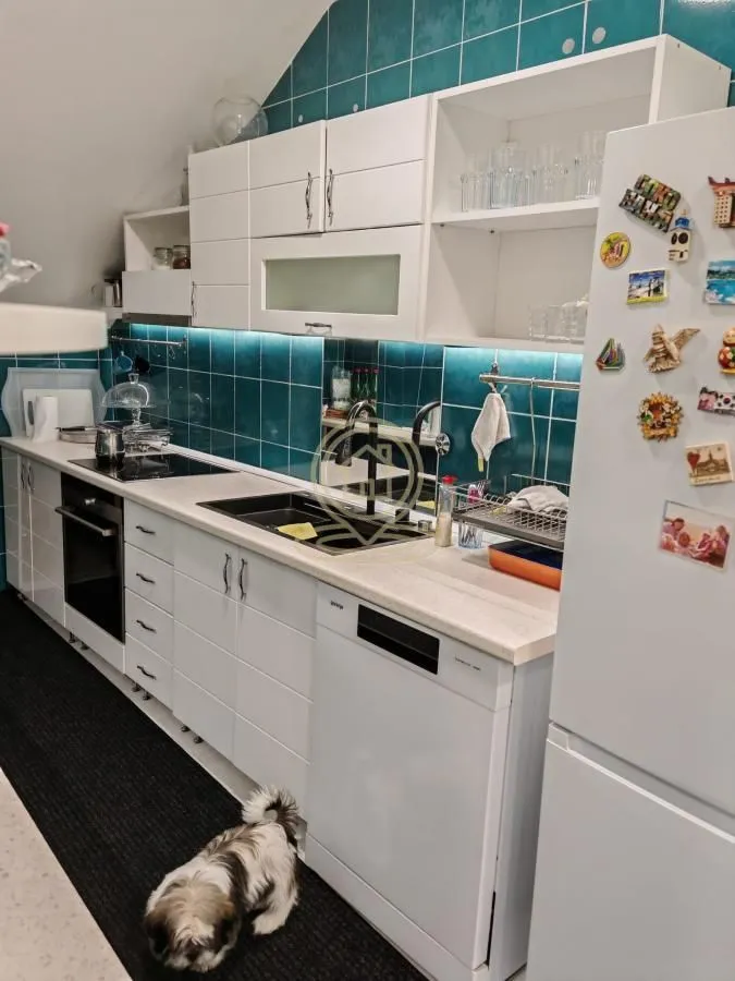White kitchen with turquoise tiles and built-in appliances.