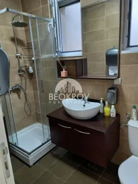 Bathroom equipped with a shower cabin, washbasin, and toilet. - image 11