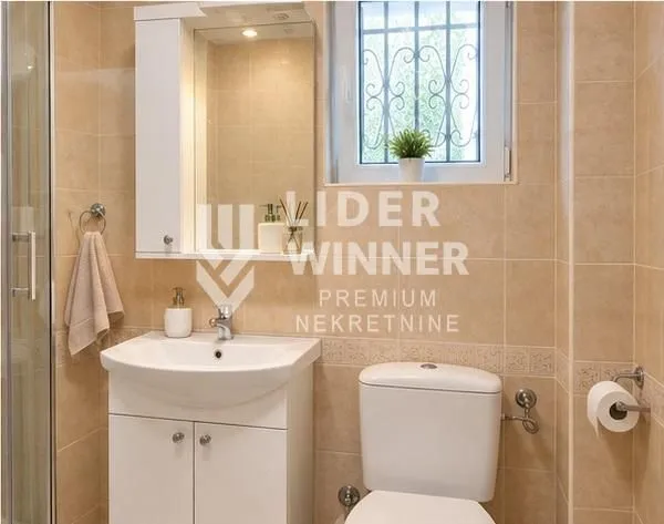 Bathroom equipped with a sink, toilet, shower cabin, and a mirror with a cabinet.