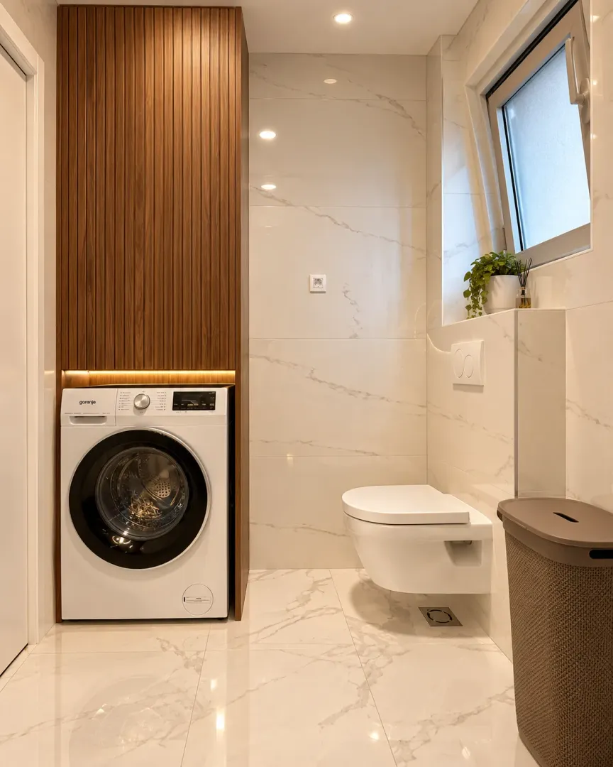 Modernly equipped bathroom with a built-in washing machine and sanitary fixtures.