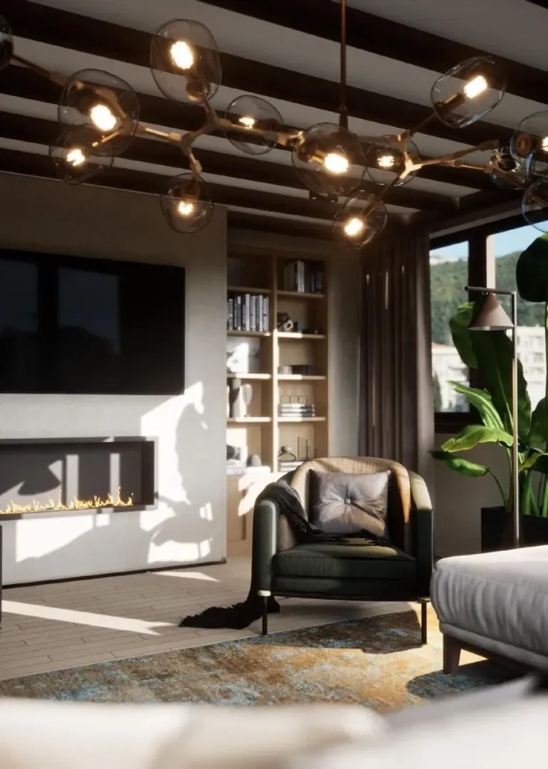 Modern living room with a fireplace, television and an armchair.