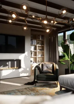 Modern living room with a fireplace, television and an armchair. - image 17