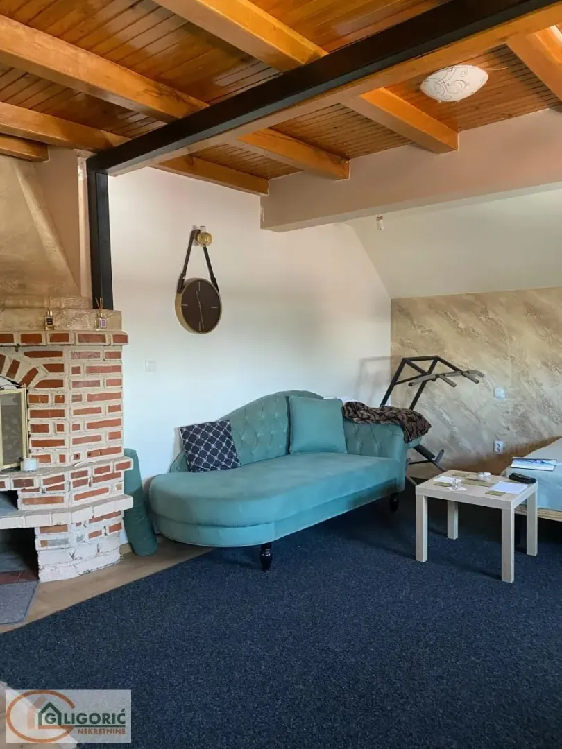 Living room with a green sofa, fireplace, and wooden ceiling.