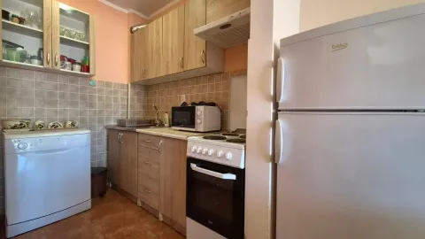 Manja kuhinja sa drvenim elementima, šporetom, frižiderom i mašinom za pranje sudova. - image 8