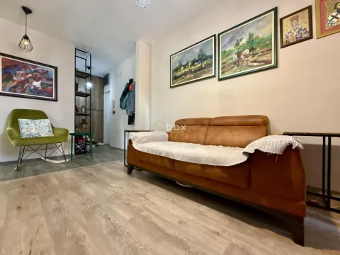 Dnevna soba sa braon trosedom, zelenom foteljom i umetničkim slikama na zidu. - image 4