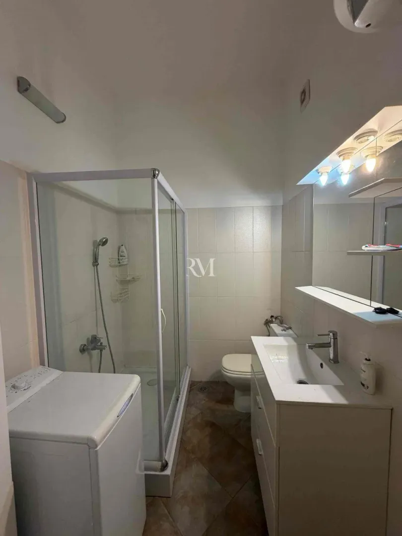 Compact bathroom with a shower cabin, washbasin, and washing machine.