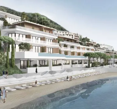 Spoljašnji izgled modernog stambenog kompleksa sa terasama i pogledom na more i plažu. - image 3