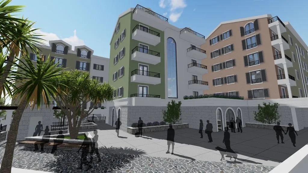 3D prikaz dvorišta i fasade stambene zgrade sa zelenilom.