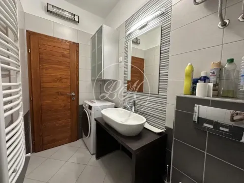 Modern bathroom with a washbasin, mirror, washing machine, and wooden door. - image 12