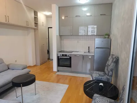 Compact kitchen with grey cabinets and built-in appliances integrated into the living area. - image 7