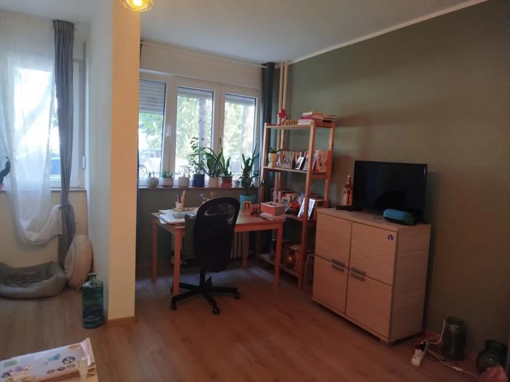 Dnevna soba sa radnim kutkom i policom za knjige pored prozora.