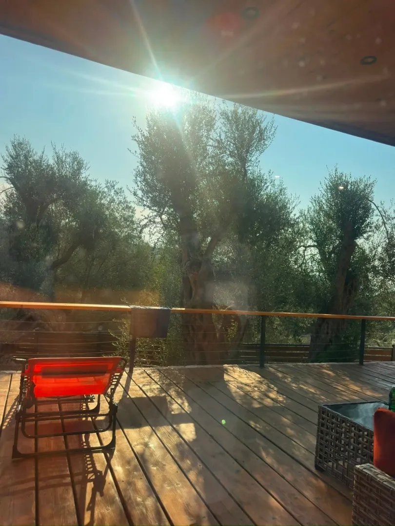 Drvena terasa sa ležaljkom i pogledom na drveće.
