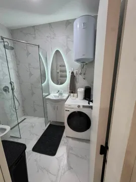 Modernly equipped bathroom with a walk-in shower, washbasin, and washing machine. - image 9