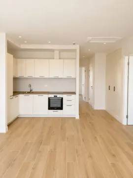 Moderna svijetla kuhinja sa bijelim elementima i drvenim podom u novom stanu. - image 5