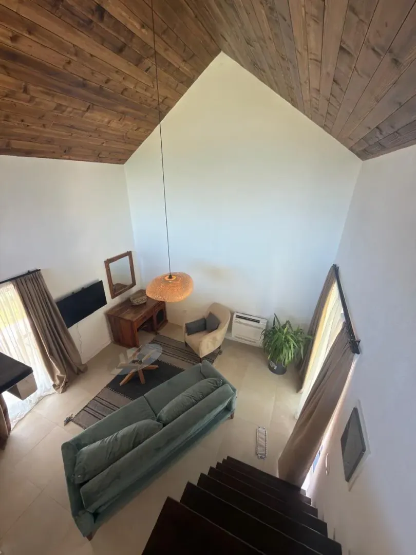 High-angle view of the living room with a high vaulted wooden ceiling.