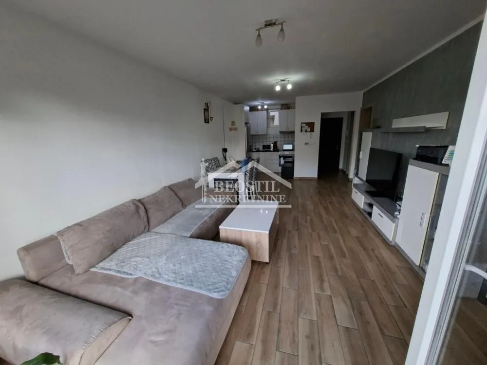 Dnevna soba sa garniturom i televizorom povezana sa kuhinjom.