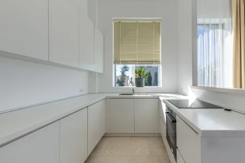 Moderna bijela kuhinja sa sudoperom ispod prozora i ugrađenom pločom za kuhanje. - image 52