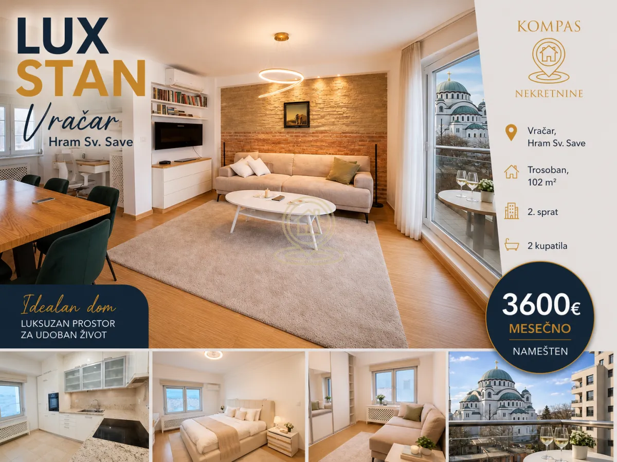 Izdavanje, trosoban stan, 102m², Vračar Hram, Vračar Sve Podlokacije