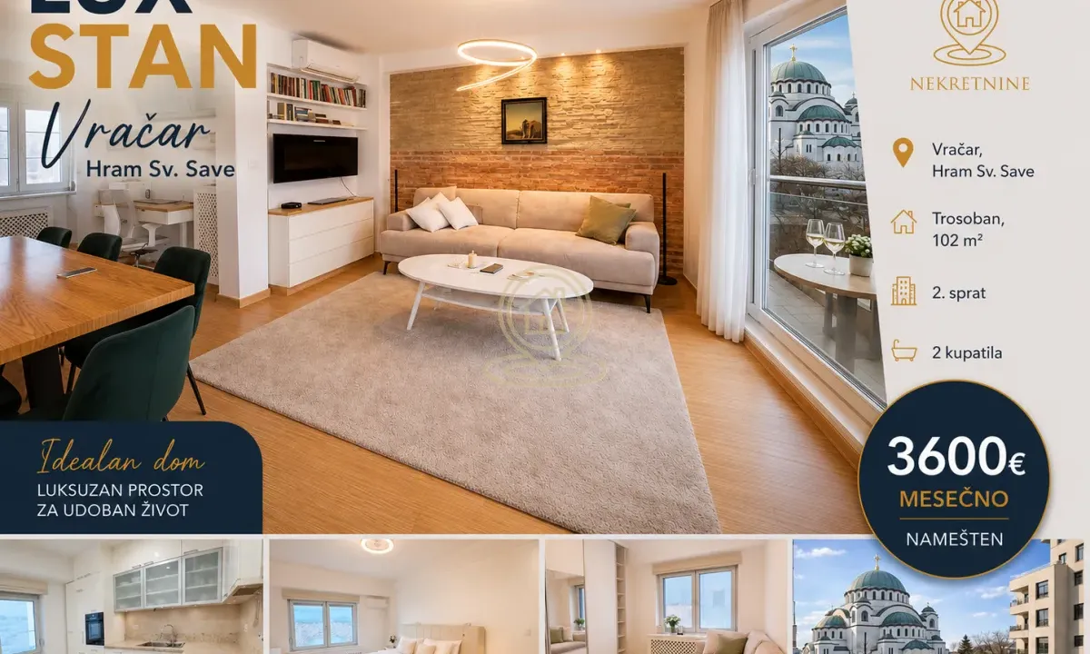 Rent, three bedroom apartment, 102m², Vračar Hram, Vračar Sve Podlokacije