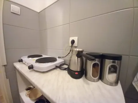 Part of the kitchen with a hot plate and kitchen utensils on the countertop. - image 8