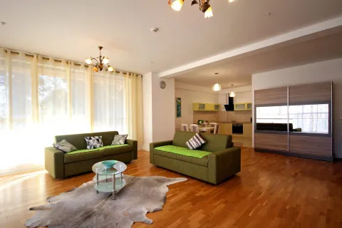 Bright and spacious open-plan living room with green sofas. - image 4