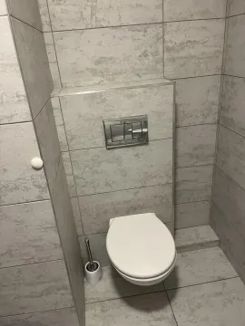 Bathroom with a modern toilet and grey tiles. - image 10