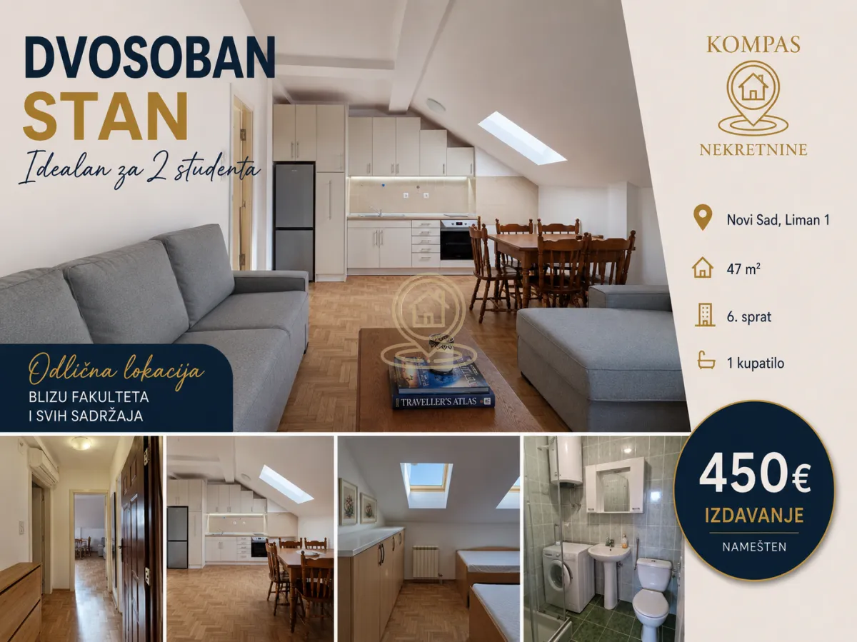 Izdavanje, dvosoban stan, 47m², Liman 1, Novi Sad Sve Podlokacije