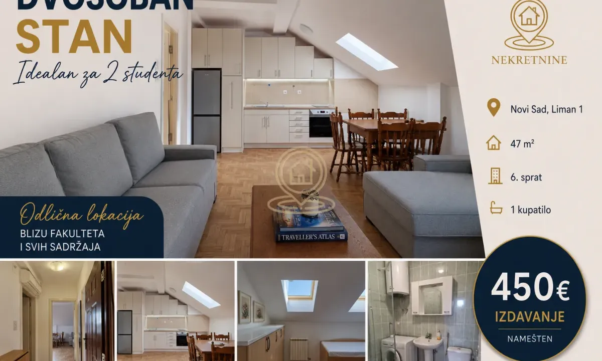 Izdavanje, dvosoban stan, 47m², Liman 1, Novi Sad Sve Podlokacije