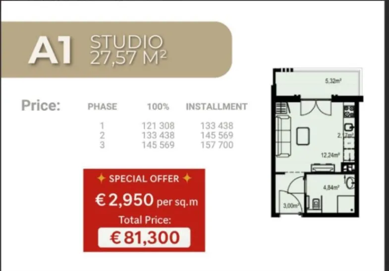 Sale, studio apartment, 27m², Bečići, Budva