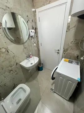 Modernly equipped bathroom with a washbasin, mirror, and washing machine. - image 9