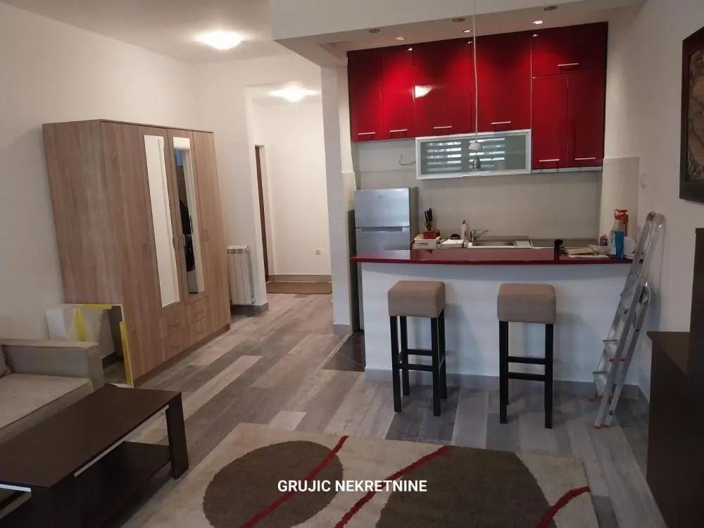 Small kitchen with a breakfast bar and red cabinets as part of the living area.