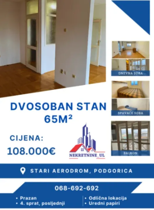Prodaja, dvosoban stan, 65m², Stari Aerodrom, Podgorica