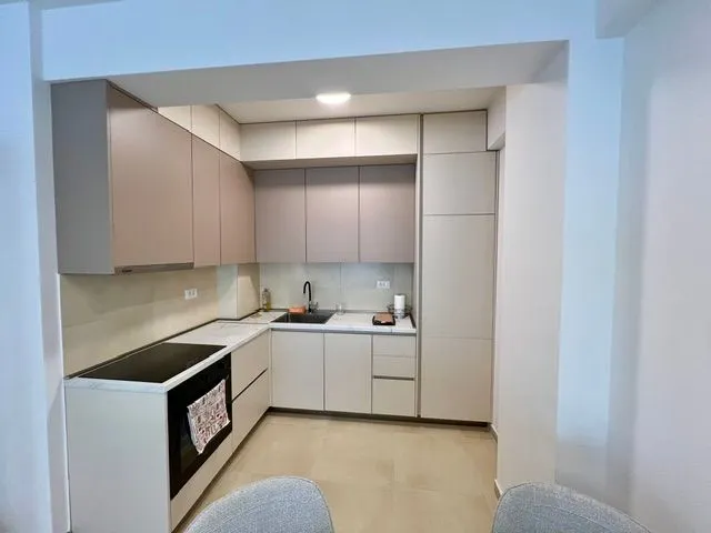 Modern kitchen with built-in cabinetry and appliances.
