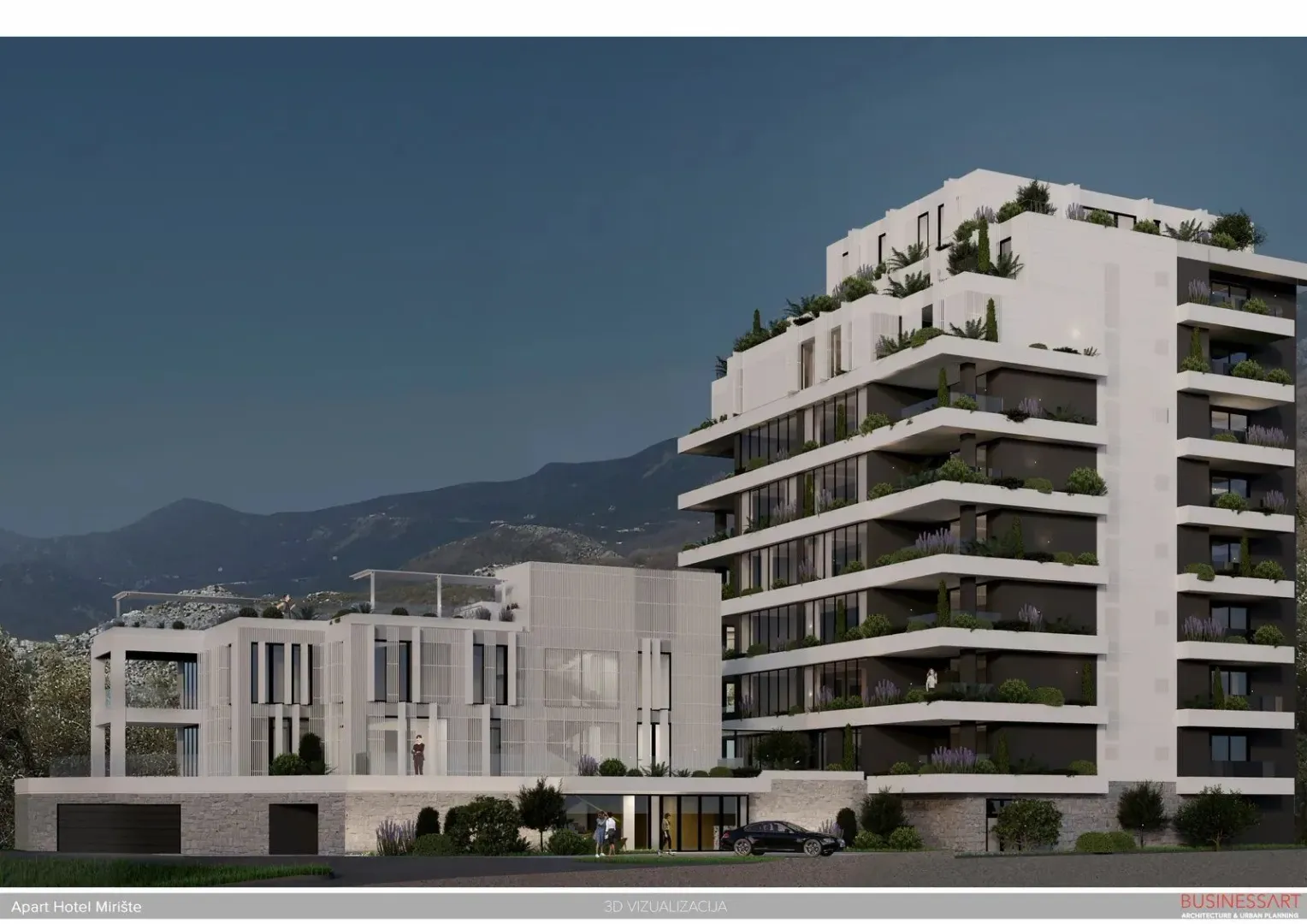 3D vizuelizacija modernog apart-hotela sa terasama i uređenom okolinom.