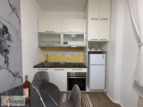 Small equipped kitchen with white cabinets and a refrigerator. - image 7