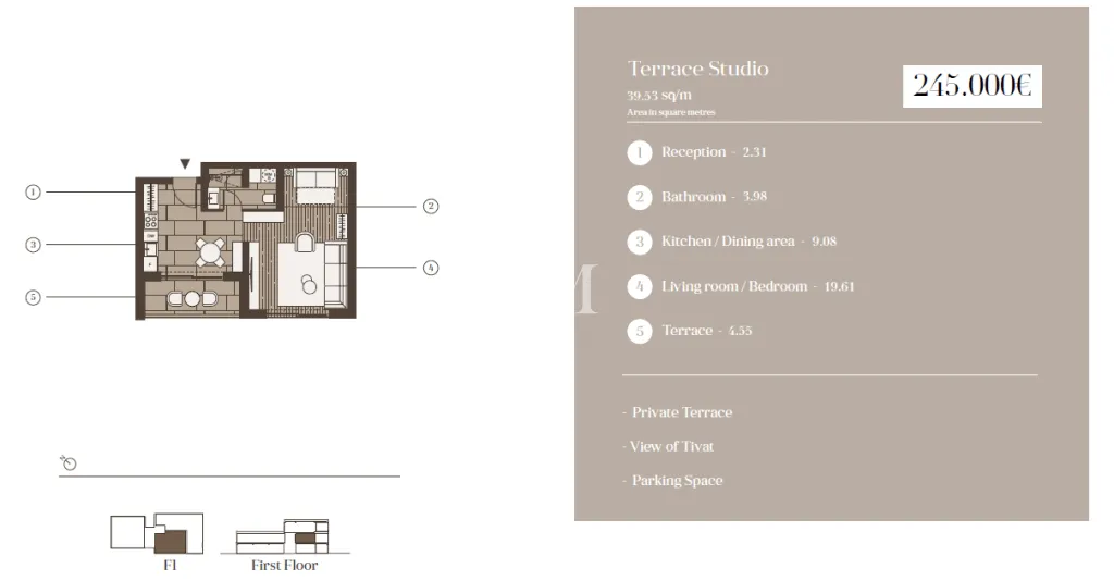 Prodaja, garsonjera, 40m², Marići, Tivat