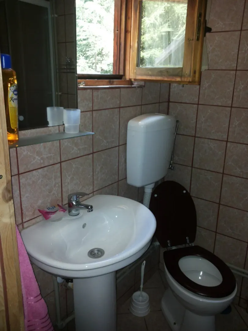 Jednostavno kupatilo sa umivaonikom, ogledalom i toaletom.