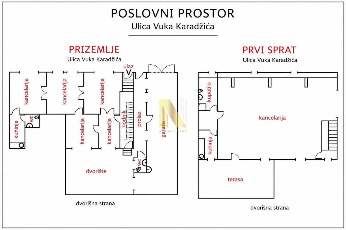 Floor plan of the ground floor and first floor of the office space.